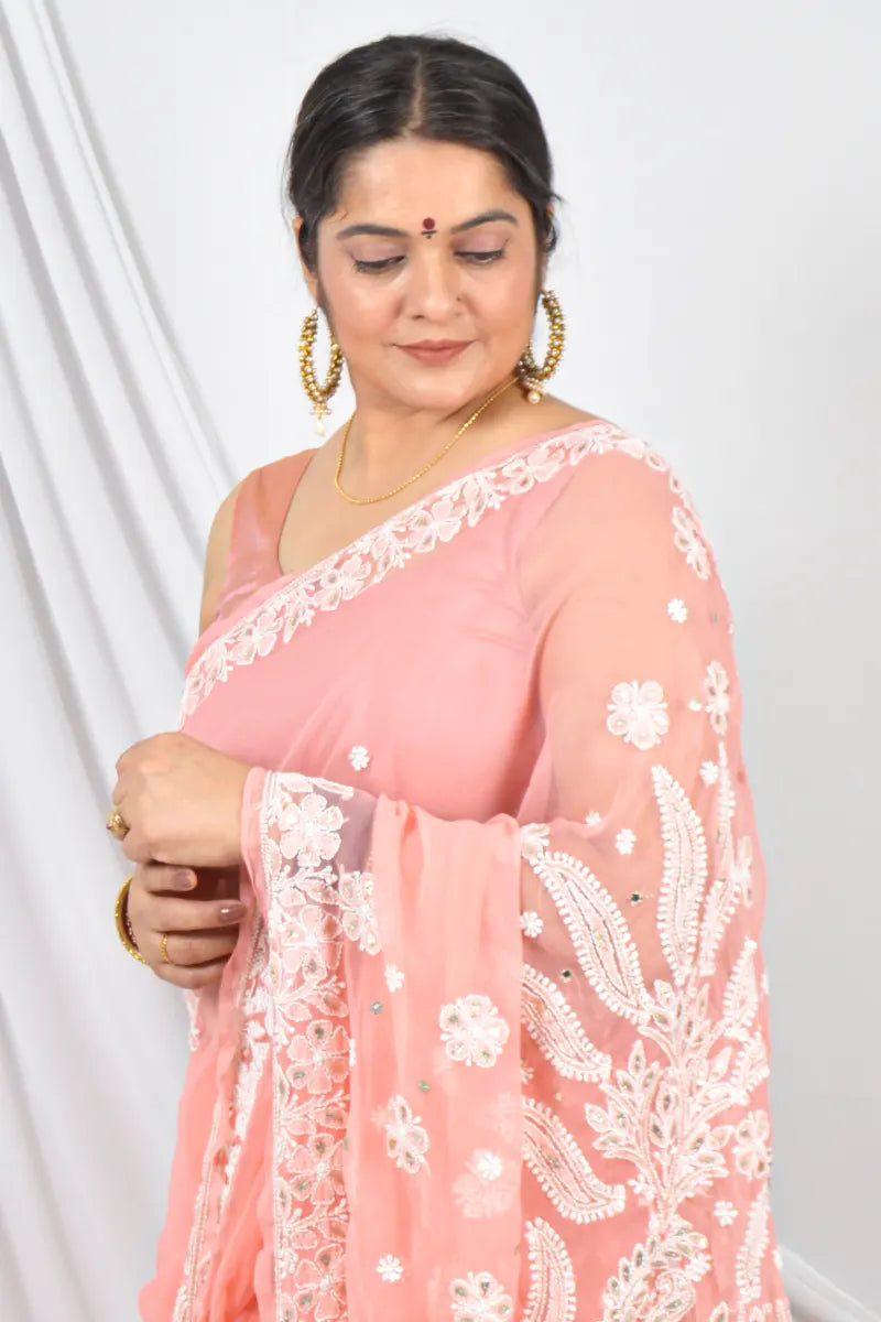 Peach Georgette Lucknowi Chikankari Designer With gotapatti Embroidery and Blouse – Perfect for Weddings & Festive Wear