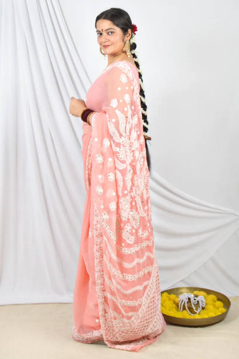 Peach Georgette Lucknowi Chikankari Designer With gotapatti Embroidery and Blouse – Perfect for Weddings & Festive Wear