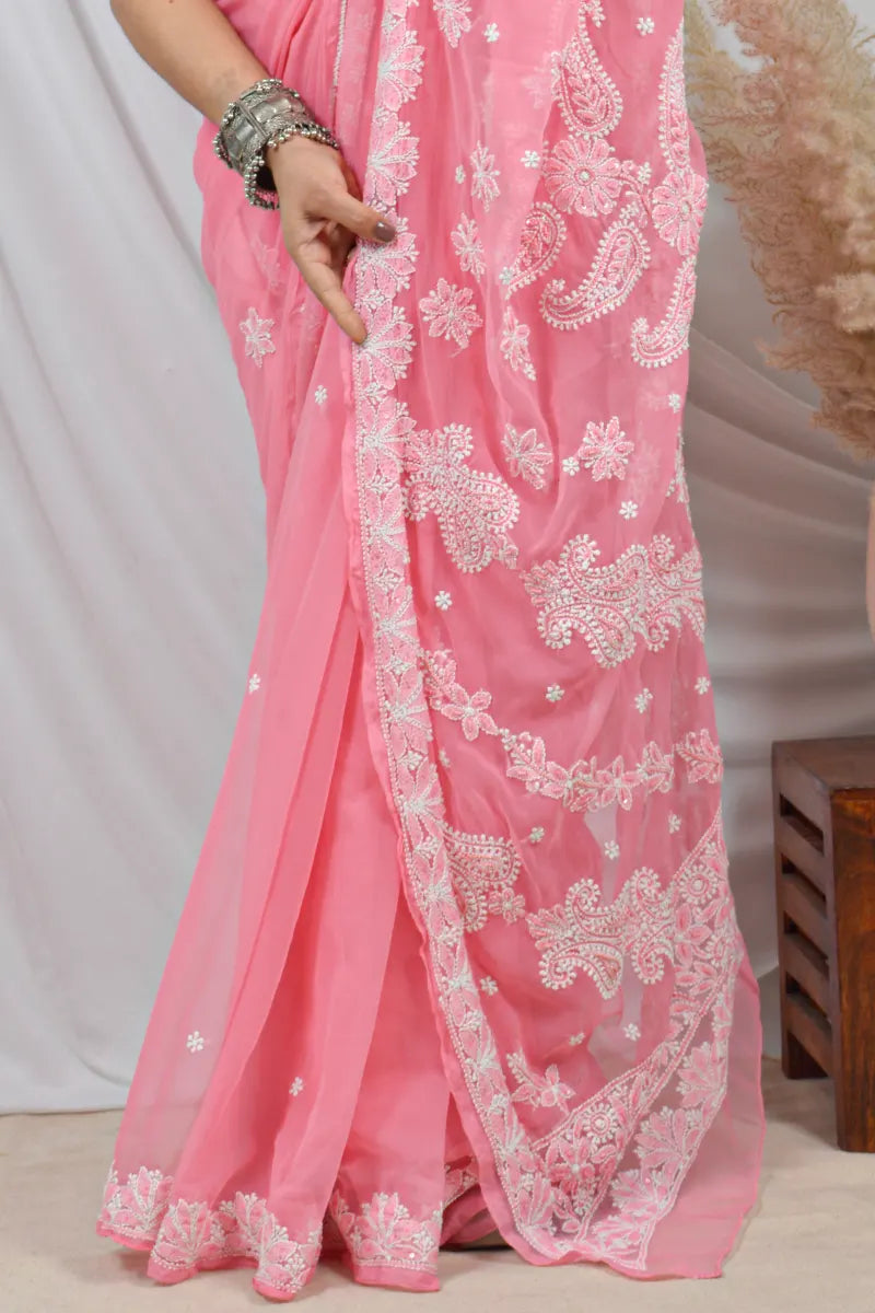 Fabnuma Handcrafted Peach Georgette Lucknowi Chikankari Saree with Blouse Lucknowi Chikankari