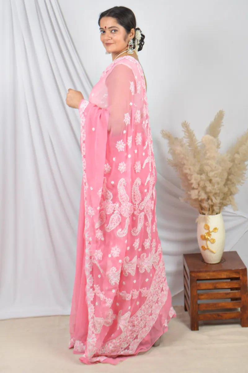 Fabnuma Handcrafted Peach Georgette Lucknowi Chikankari Saree with Blouse Lucknowi Chikankari