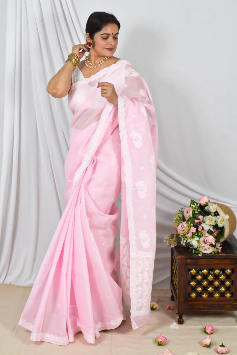 Memaana Handcrafted Pink Cotton Border Palla Chikankari Saree with Blouse showcased on model in elegant pink design.