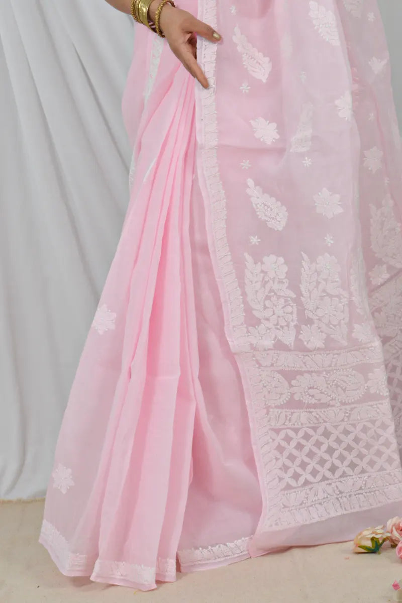 Memaana Handcrafted Pink Cotton Border Palla Chikankari Saree with Blouse showing detailed embroidery and soft fabric.
