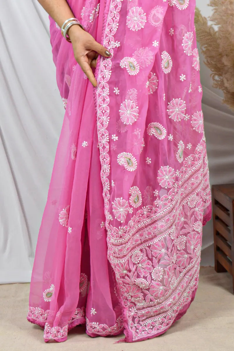 Fabnuma Handcrafted Pink Georgette with Pearl & Sequin Work Lucknowi Chikankari Saree with Blouse