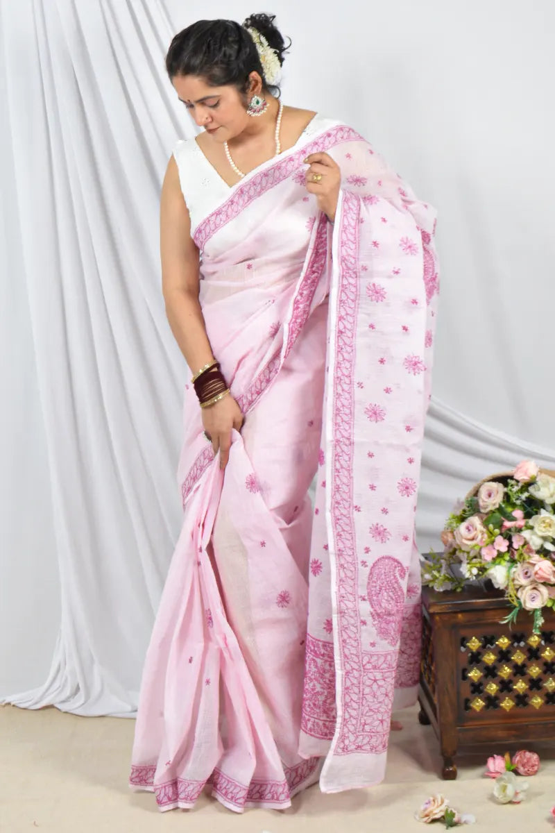 Handcrafted Pink Designer Kota Cotton Saree with intricate Lucknowi Chikankari Embroidery and a matching blouse, ideal for festive and wedding .