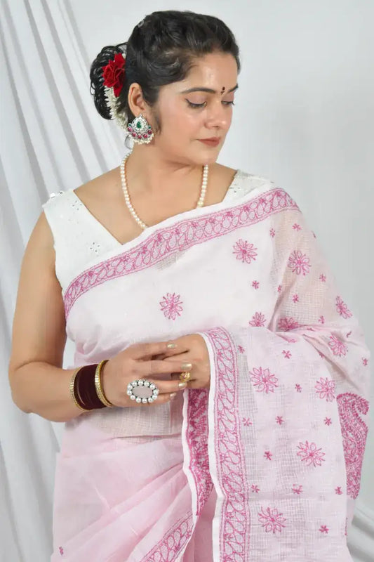 Handcrafted Pink Designer Kota Cotton Saree with intricate Lucknowi Chikankari Embroidery and a matching blouse, ideal for festive and wedding .