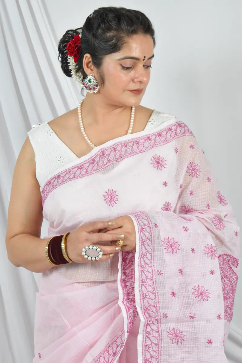 Handcrafted Pink Designer Kota Cotton Saree with intricate Lucknowi Chikankari Embroidery and a matching blouse, ideal for festive and wedding .