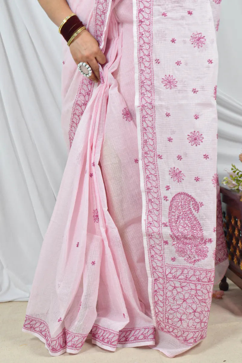 Handcrafted Pink Designer Kota Cotton Saree with intricate Lucknowi Chikankari Embroidery and a matching blouse, ideal for festive and wedding .