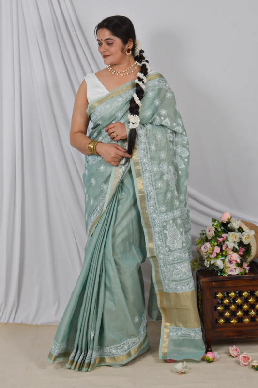 Fabnuma Handcrafted Pista Green Border Palla Chanderi Cotton Saree with Blouse Lucknowi Chikankari