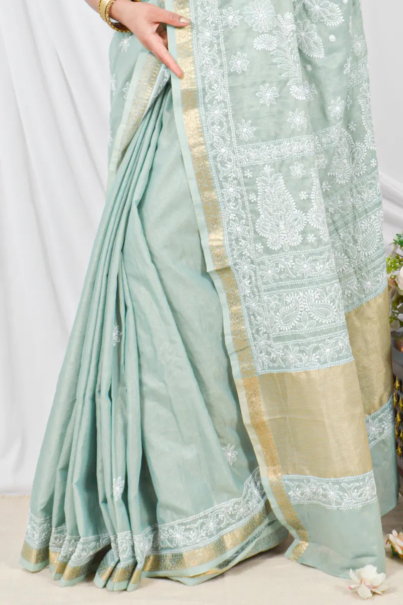 Memaana Handcrafted Pista Green Border Palla Chanderi Cotton Saree with Blouse Lucknowi Chikankari