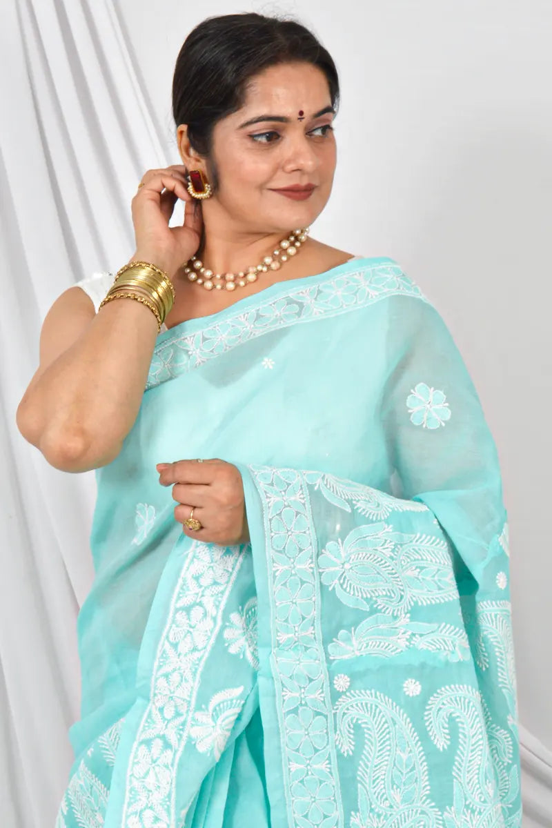 Handcrafted Sea Green Cotton Border Palla Saree with intricate Lucknowi Chikankari embroidery and a matching Blouse, ideal for Festive and  occasions.