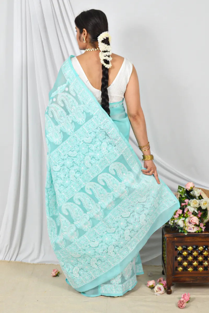 Handcrafted Sea Green Cotton Border Palla Saree with intricate Lucknowi Chikankari embroidery and a matching Blouse, ideal for Festive and  occasions.