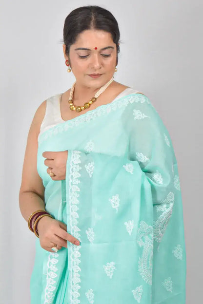 Sea Green cotton saree with hand-embroidered Lucknowi Chikankari and matching blouse – handcrafted ethnic wear by MeMaana.