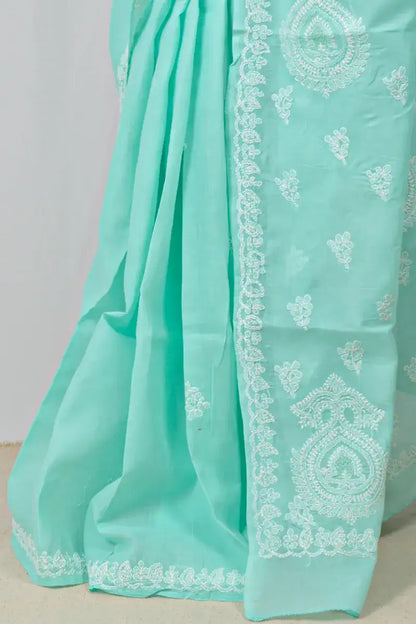 Sea Green cotton saree with hand-embroidered Lucknowi Chikankari and matching blouse – handcrafted ethnic wear by MeMaana.