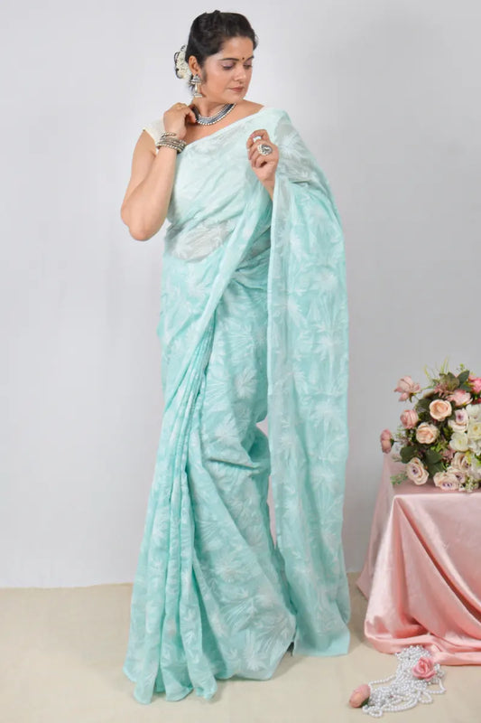Sea Green Kota Cotton saree with handcrafted Lucknowi Chikankari embroidery and blouse – ethnic wear 