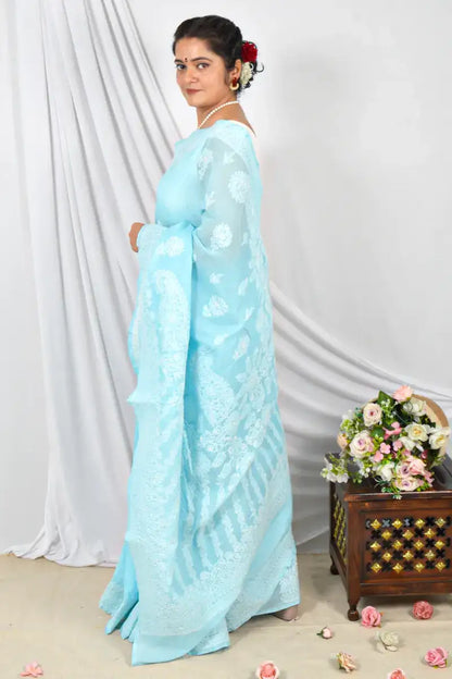 Handcrafted Sky Blue Cotton Saree with intricate Lucknowi Chikankari Embroidery and a matching Blouse, ideal for Festive and  occasions.