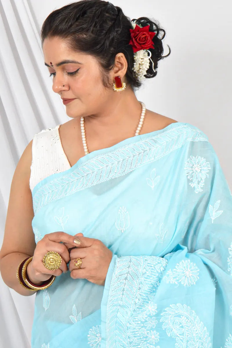 Handcrafted Sky Blue Cotton Saree with intricate Lucknowi Chikankari Embroidery and a matching Blouse, ideal for Festive and  occasions.