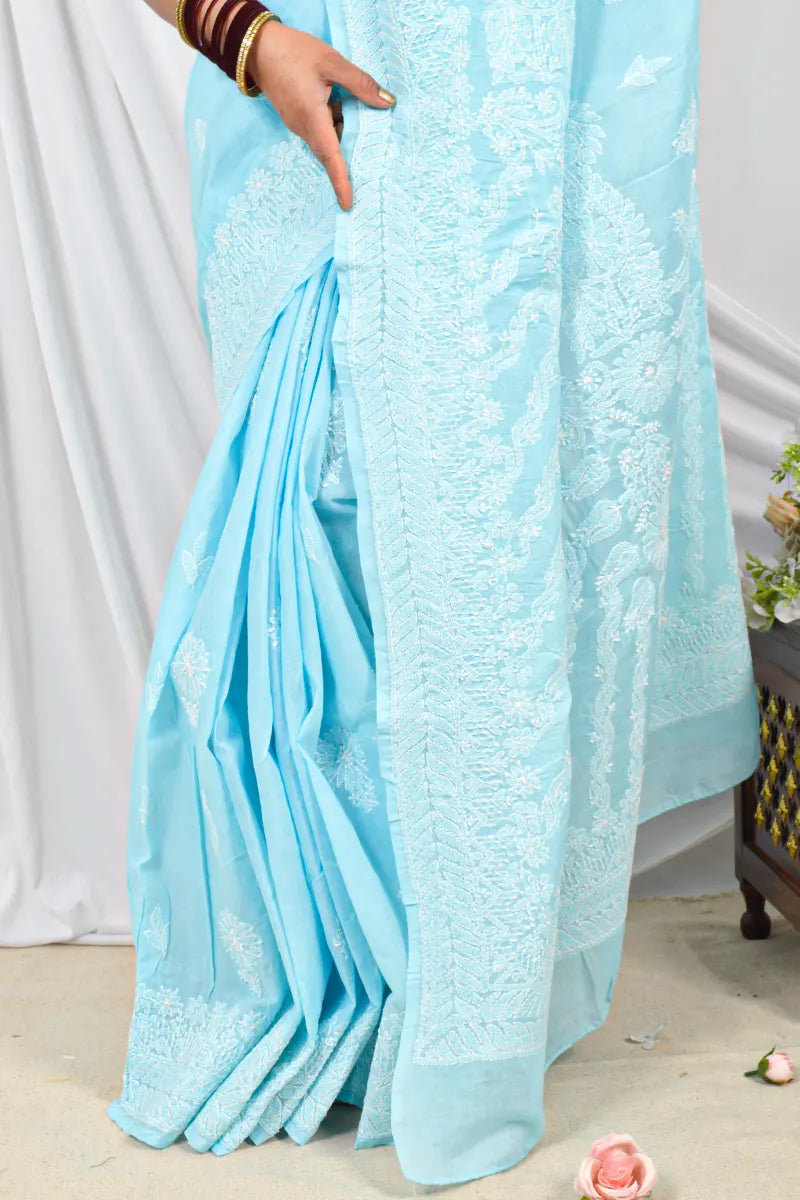 Handcrafted Sky Blue Cotton Saree with intricate Lucknowi Chikankari Embroidery and a matching Blouse, ideal for Festive and  occasions.