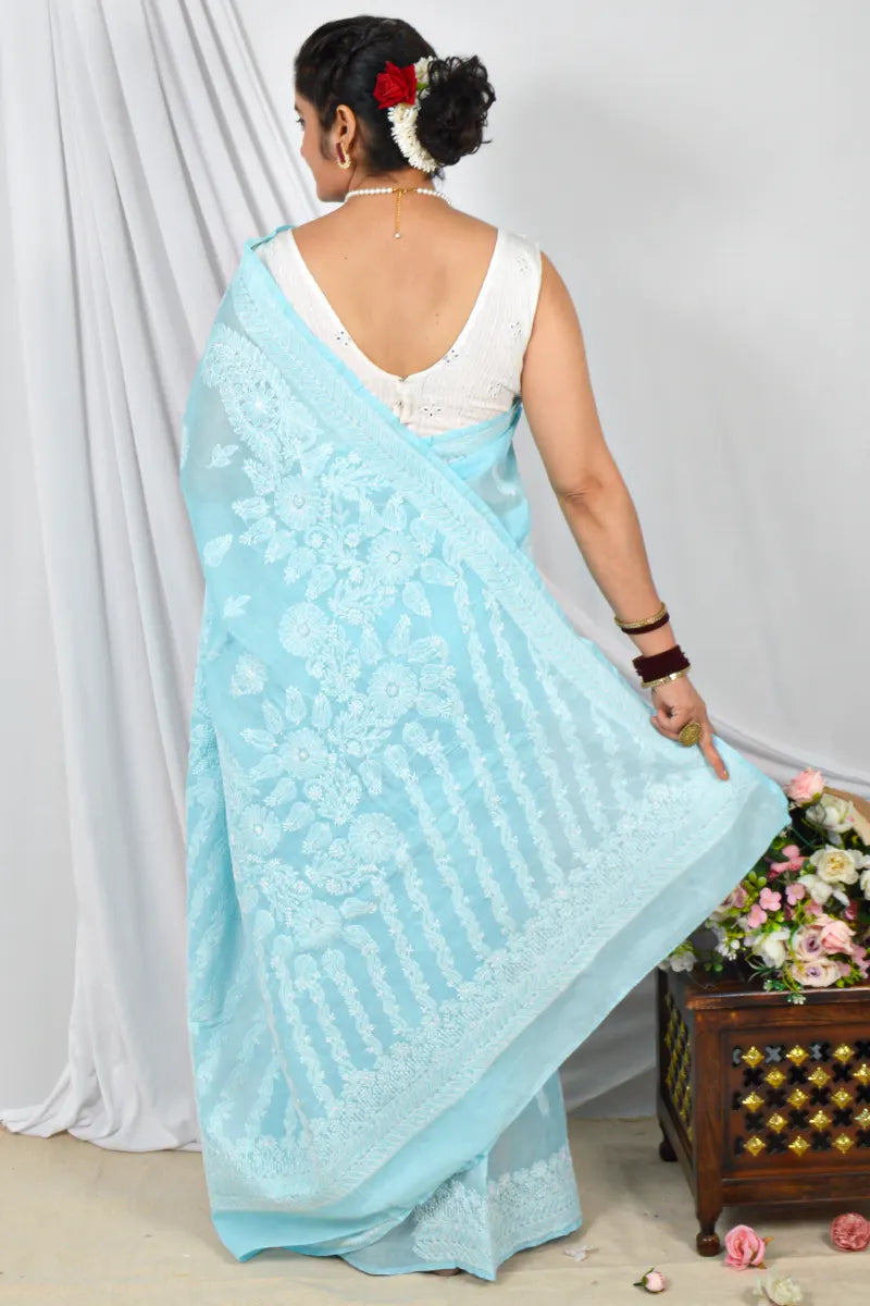 Handcrafted Sky Blue Cotton Saree with intricate Lucknowi Chikankari Embroidery and a matching Blouse, ideal for Festive and  occasions.