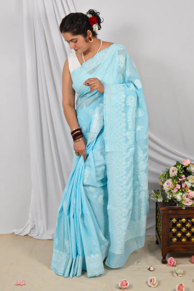 Handcrafted Sky Blue Cotton Saree with intricate Lucknowi Chikankari Embroidery and a matching Blouse, ideal for Festive and  occasions.