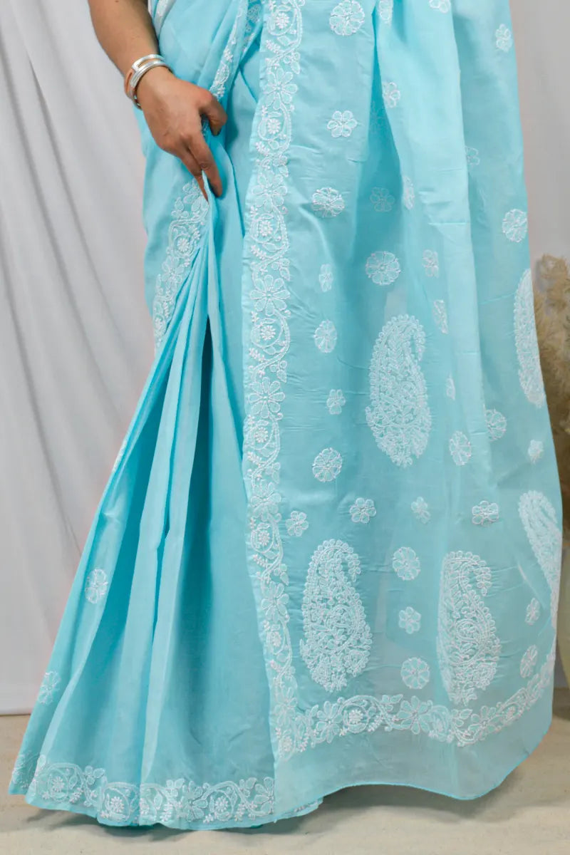 Fabnuma Handcrafted Cotton Lucknowi Chikankari Designer Saree with Blouse