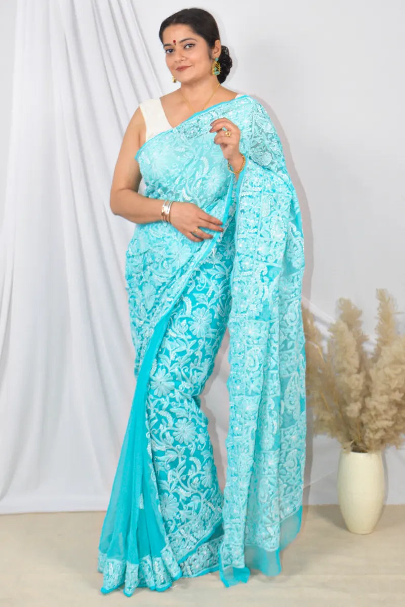 Fabnuma Handcrafted Sky Blue Georgette Lucknowi Chikankari Saree with Blouse