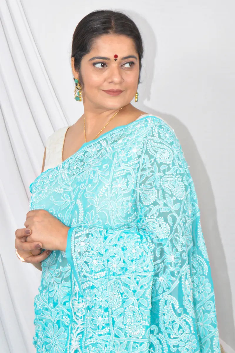 Fabnuma Handcrafted Sky Blue Georgette Lucknowi Chikankari Saree with Blouse