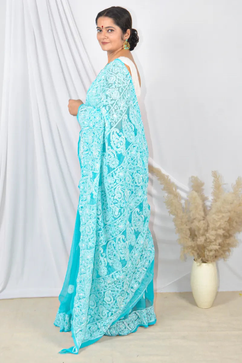 Fabnuma Handcrafted Sky Blue Georgette Lucknowi Chikankari Saree with Blouse