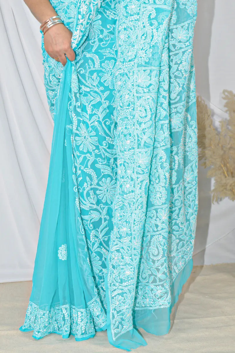 Fabnuma Handcrafted Sky Blue Georgette Lucknowi Chikankari Saree with Blouse