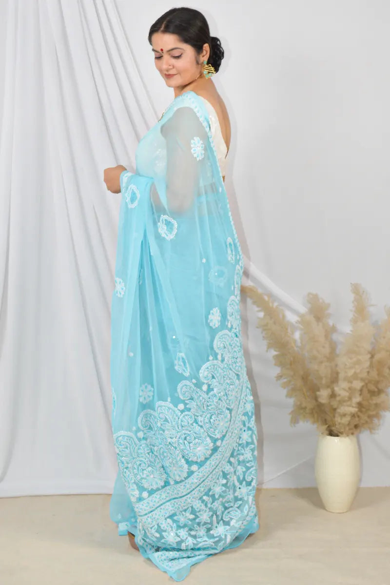 Fabnuma Handcrafted Sky Blue Pearl & Sequin Work Designer Chikankari Saree With Blouse Fabnuma