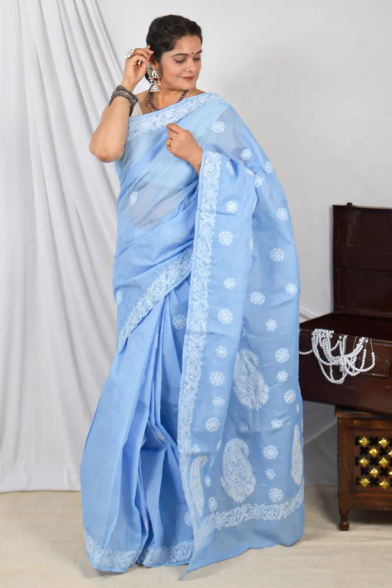 Handcrafted Sky Blue Cotton Designer Saree with intricate Lucknowi Chikankari Embroidery , ideal for Festive and wedding occasions