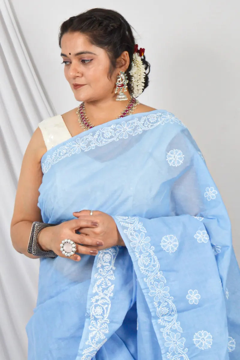 Handcrafted Sky Blue Cotton Designer Saree with intricate Lucknowi Chikankari Embroidery , ideal for Festive and wedding occasions