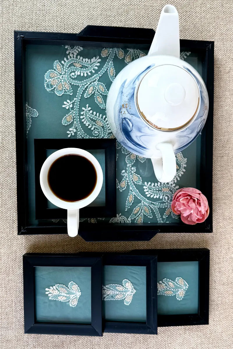 Blue Handcrafted Lucknowi Chikankari Tray & Tea Coaster Set With hand-embroidered Lucknowi Chikankari