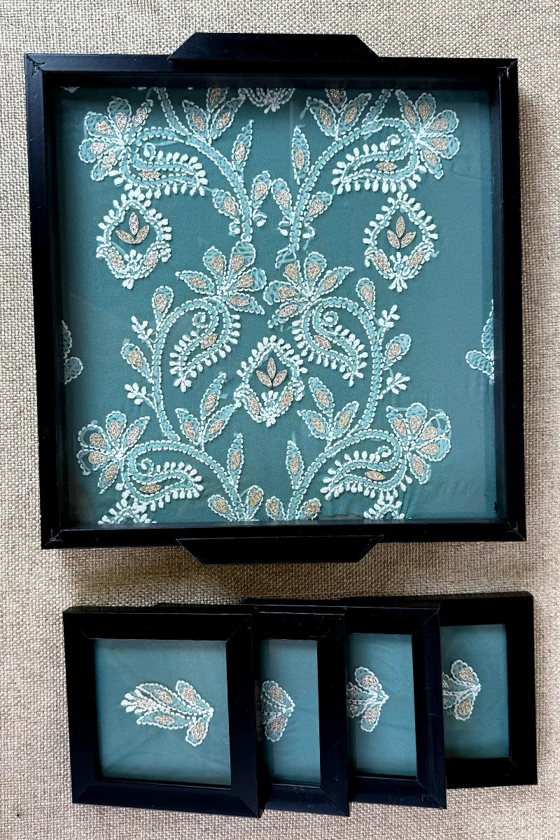 Blue Handcrafted Lucknowi Chikankari Tray & Tea Coaster Set With hand-embroidered Lucknowi Chikankari