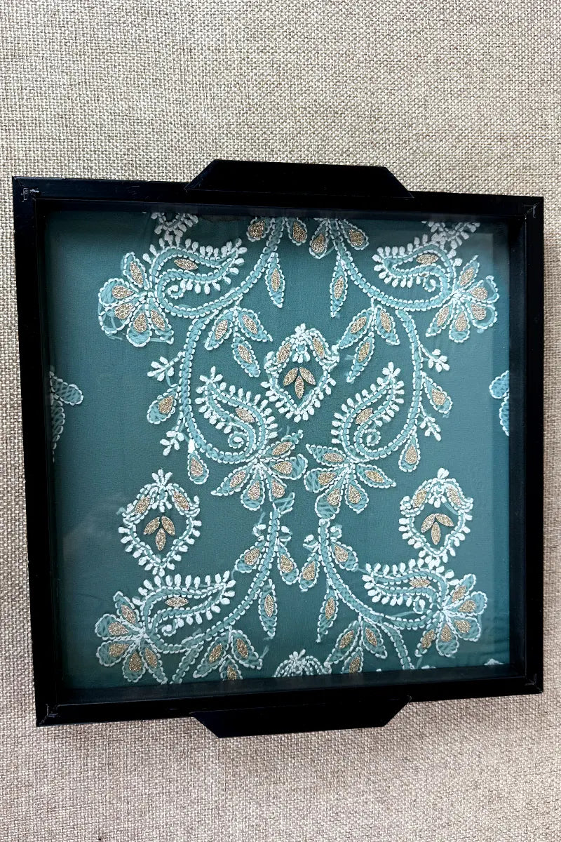 Blue Handcrafted Lucknowi Chikankari Tray & Tea Coaster Set With hand-embroidered Lucknowi Chikankari