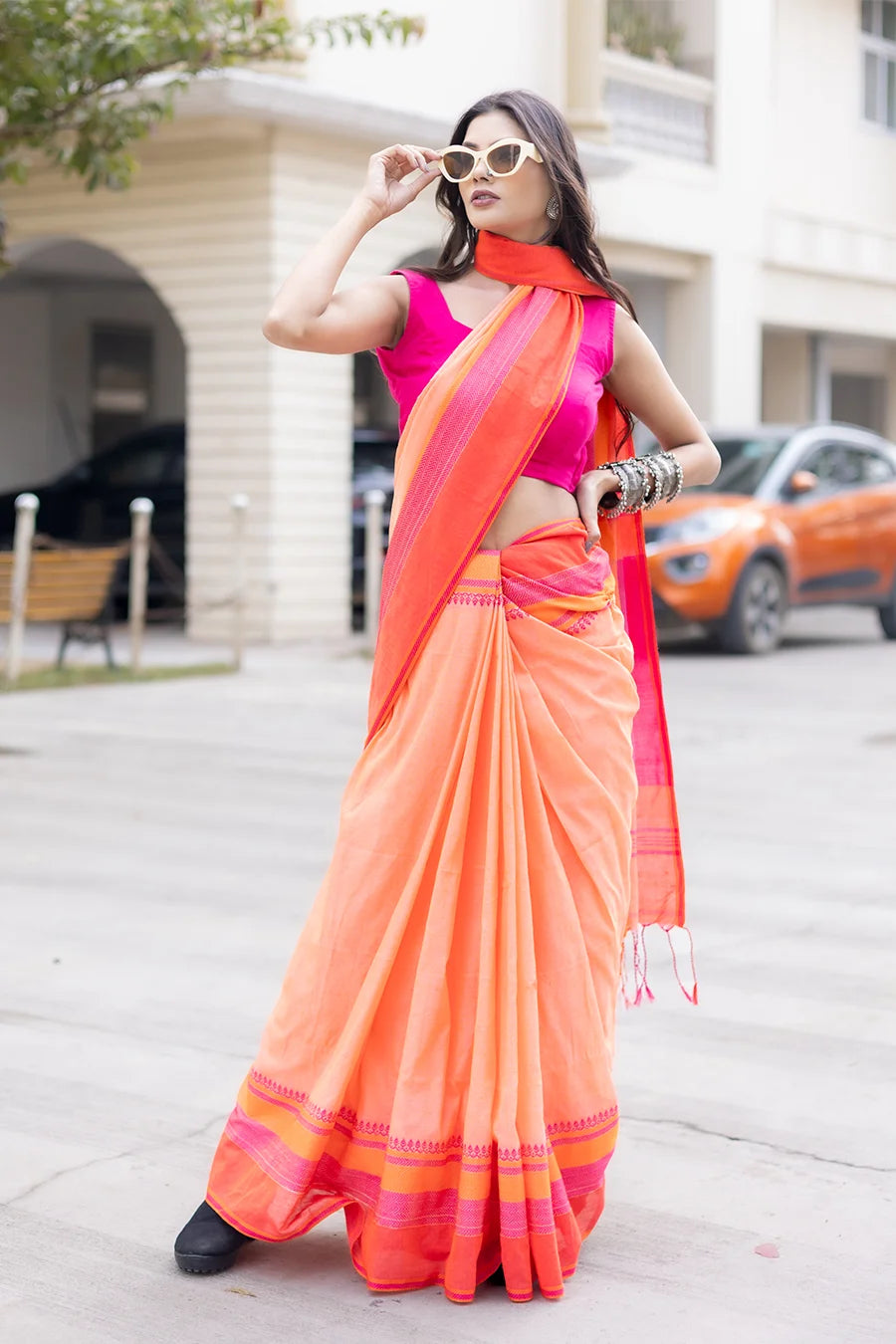 Peach Orange Saree with Pink Border – Contemporary Everyday Drape MeMaana