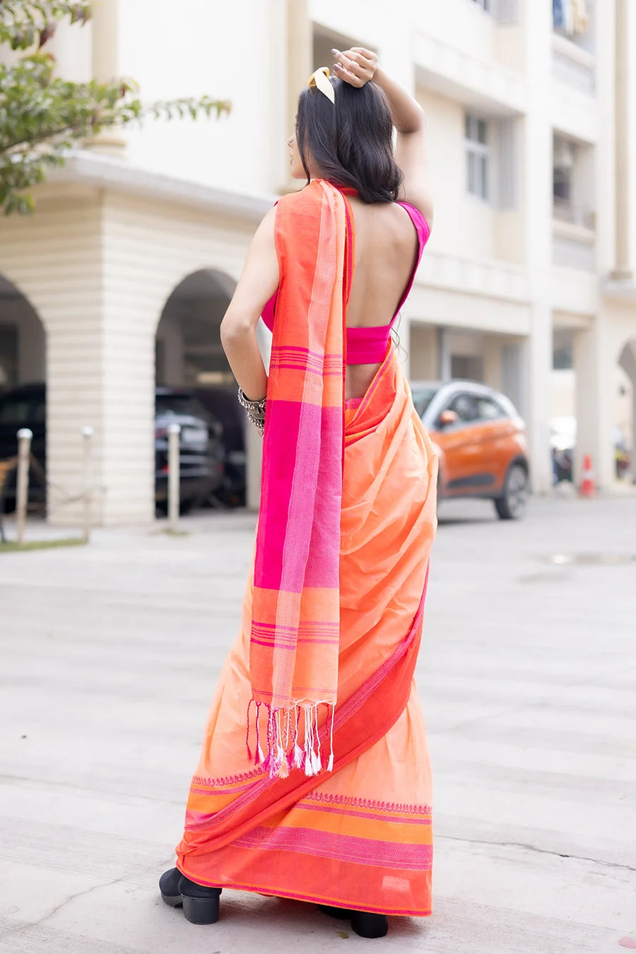 Peach Orange Saree with Pink Border – Contemporary Everyday Drape MeMaana