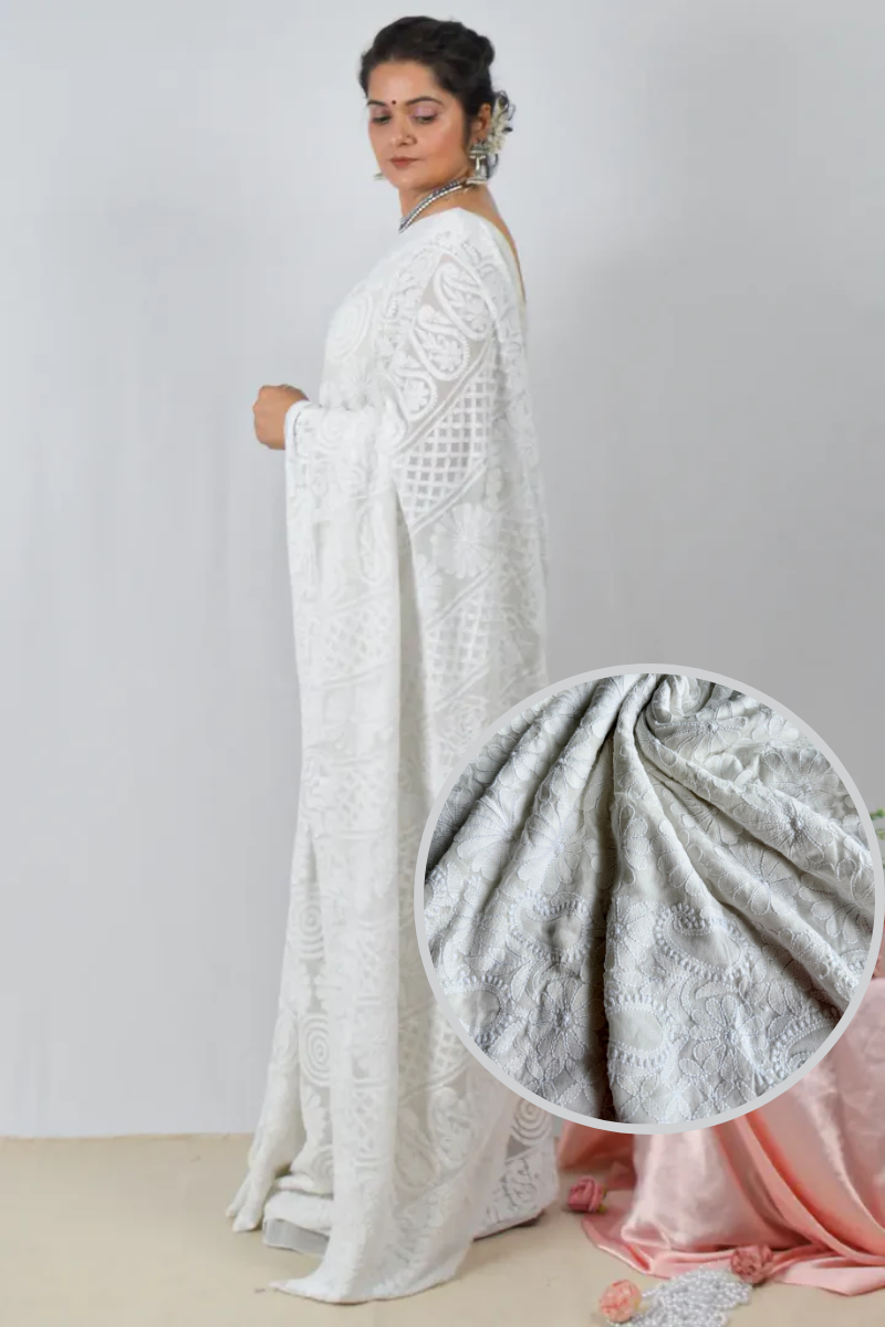 White pure georgette saree with allover hand-embroidered Lucknowi Chikankari and matching blouse – handcrafted ethnic saree by Fabnuma

