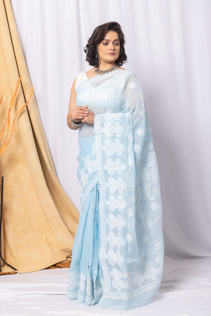 MeMaana Handcrafted Blue Cotton Chikankari Saree-Blouse Fabnuma