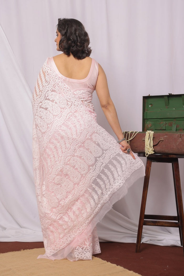 MeMaana Handcrafted Red Georgette Chikankari Saree-Blouse Fabnuma