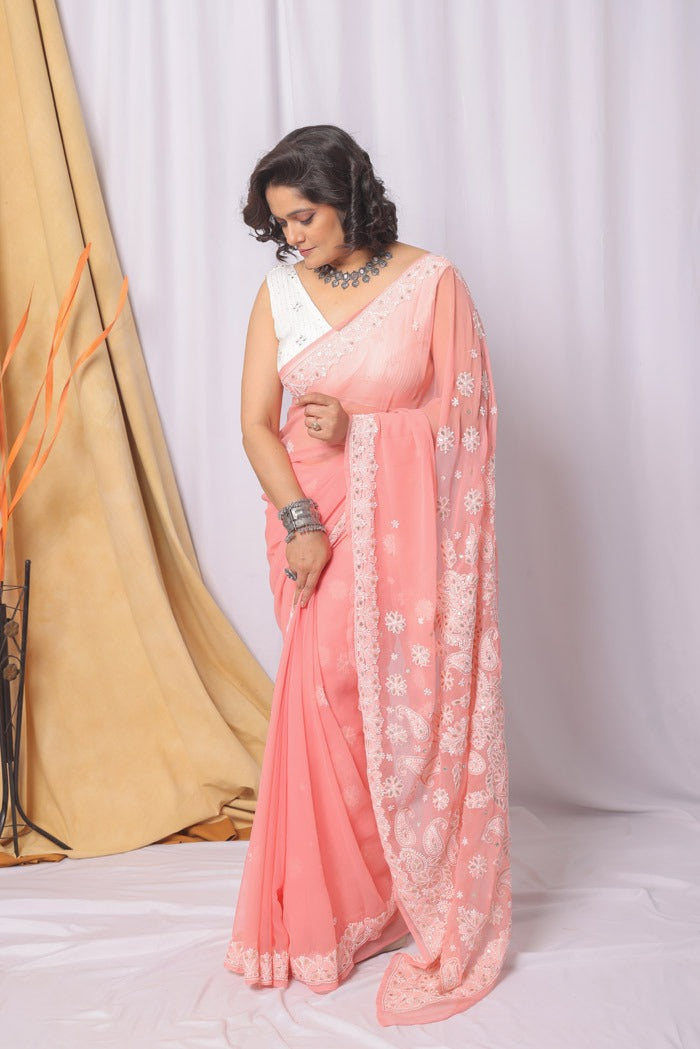 MeMaana Handcrafted Peach Georgette Chikankari Gota Patti Work Saree-Blouse Fabnuma
