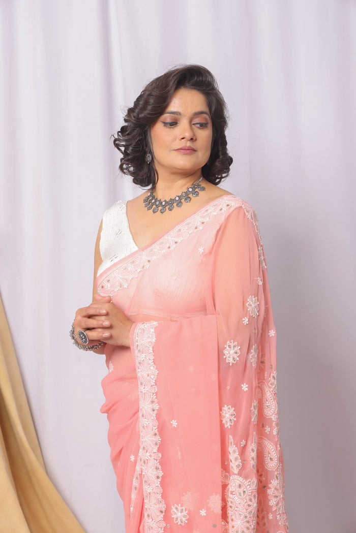 MeMaana Handcrafted Peach Georgette Chikankari Gota Patti Work Saree-Blouse Fabnuma