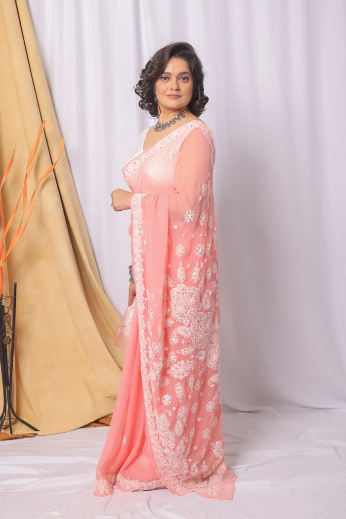 MeMaana Handcrafted Peach Georgette Chikankari Gota Patti Work Saree-Blouse Fabnuma