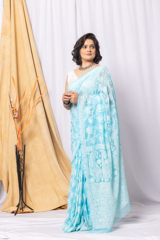 MeMaana Handcrafted Sky Blue Georgette Chikankari Saree-Blouse Fabnuma
