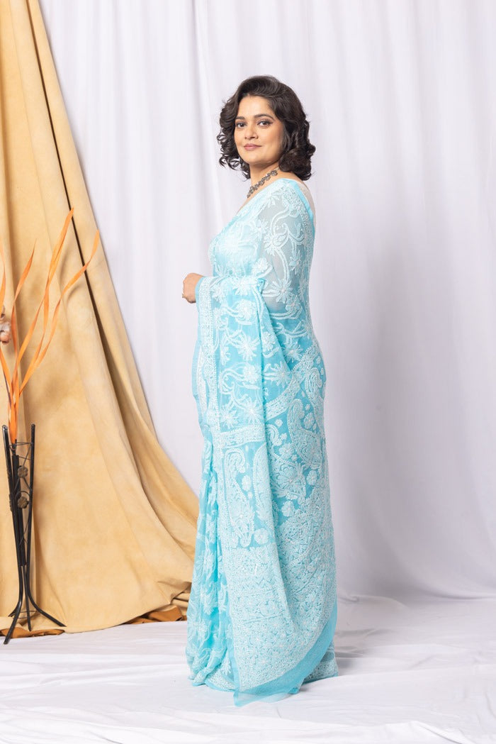 MeMaana Handcrafted Sky Blue Georgette Chikankari Saree-Blouse Fabnuma