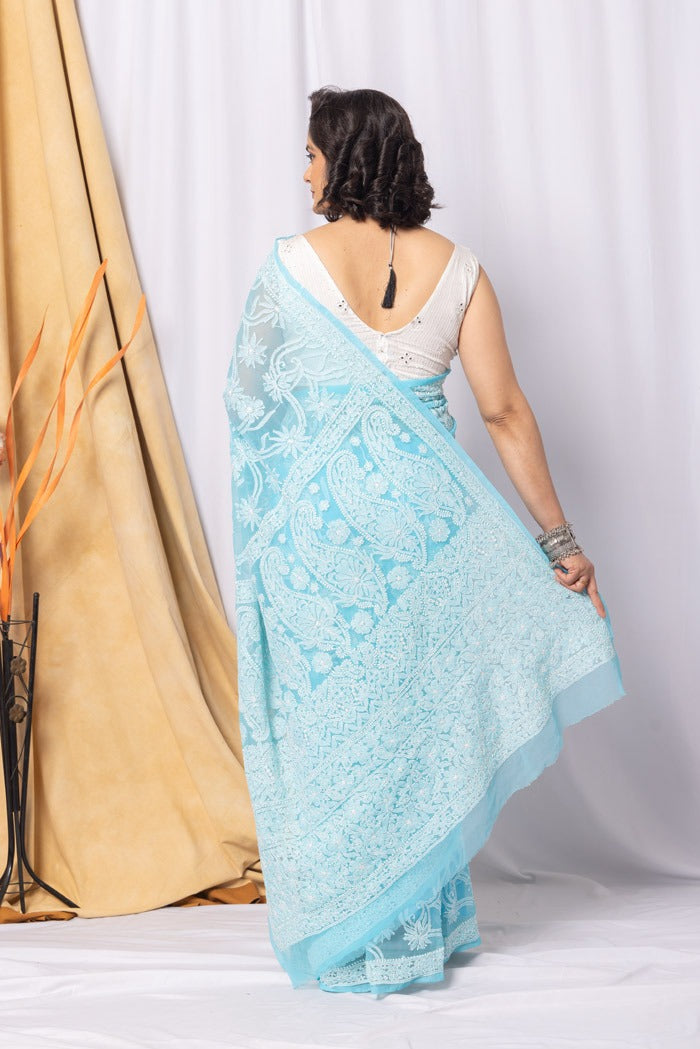 MeMaana Handcrafted Sky Blue Georgette Chikankari Saree-Blouse Fabnuma