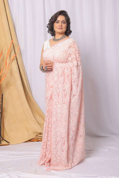 MeMaana Handcrafted Peach Georgette Chikankari Pearl & Sequence Work Saree-Blouse MeMaana