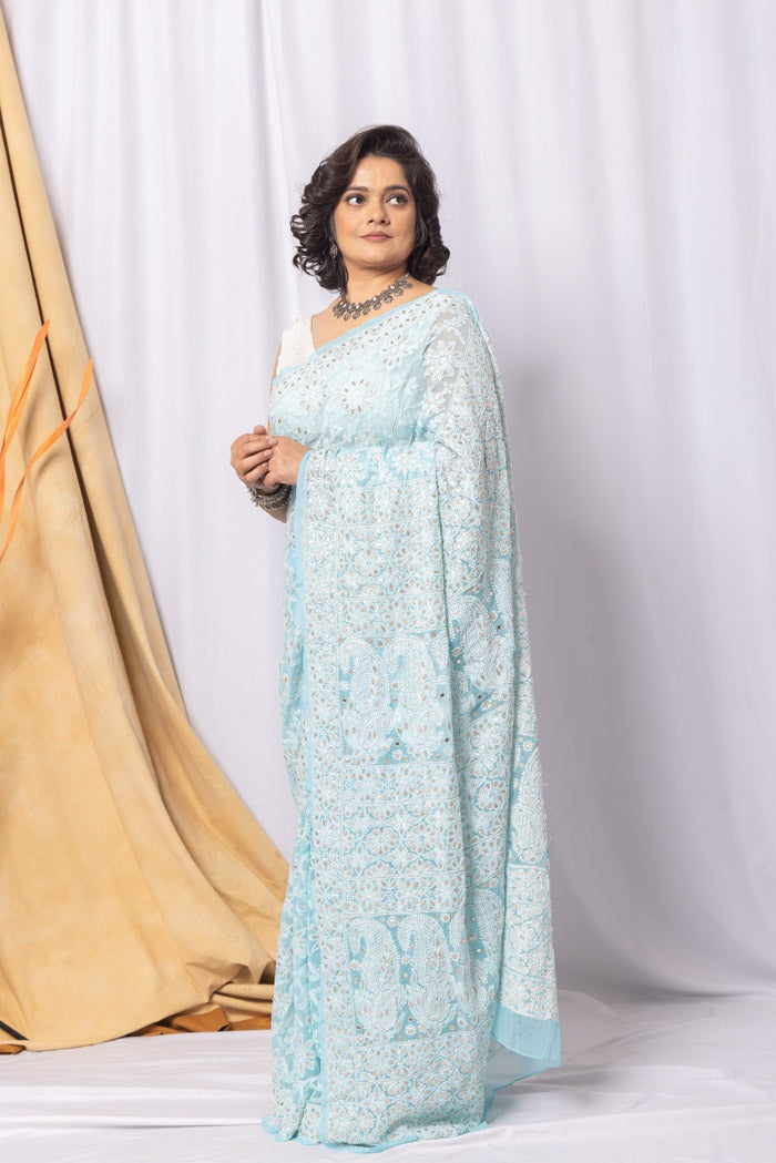 MeMaana Handcrafted Sky Blue Georgette Chikankari Gota Patti Saree-Blouse Fabnuma
