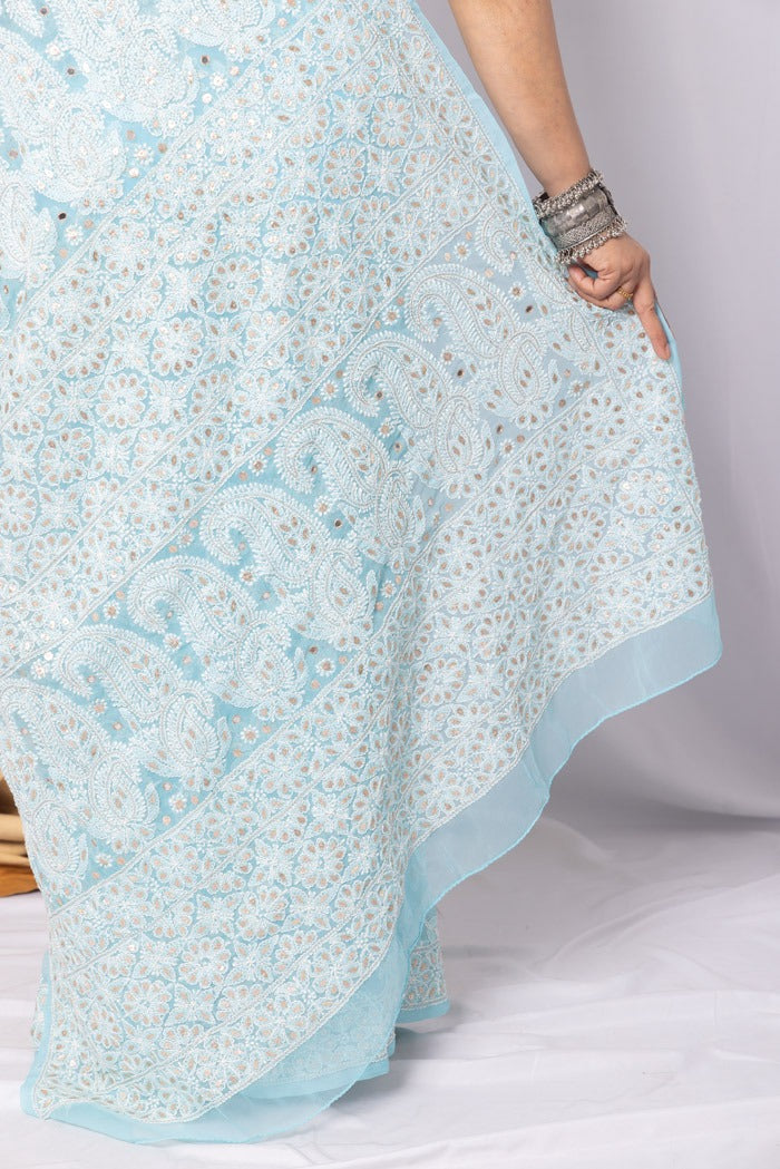 MeMaana Handcrafted Sky Blue Georgette Chikankari Gota Patti Saree-Blouse Fabnuma