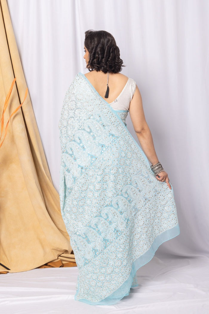 MeMaana Handcrafted Sky Blue Georgette Chikankari Gota Patti Saree-Blouse Fabnuma