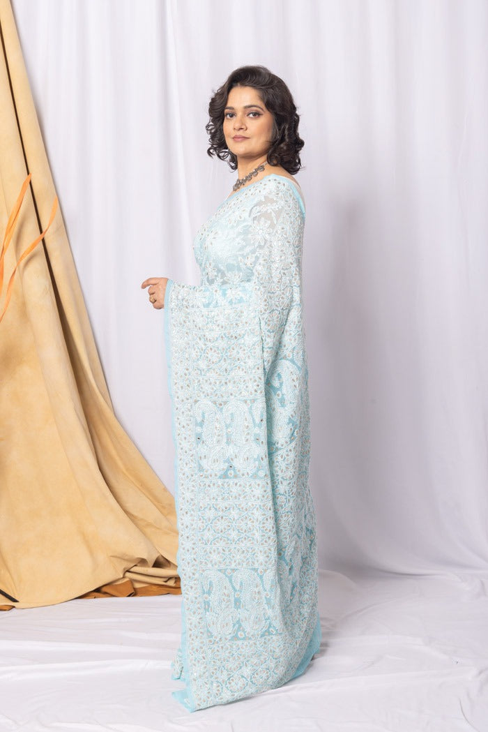 MeMaana Handcrafted Sky Blue Georgette Chikankari Gota Patti Saree-Blouse Fabnuma